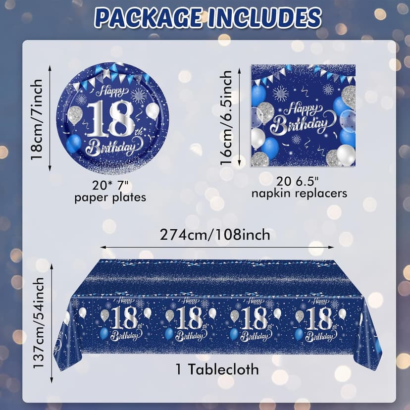 Blue 18th Birthday Decorations for Boys Girls Navy Blue Silver Happy 18th Birthday Napkins Tablecloth Plates for 18th Birthday Anniversary Party Supplies Year Old Party Decorations