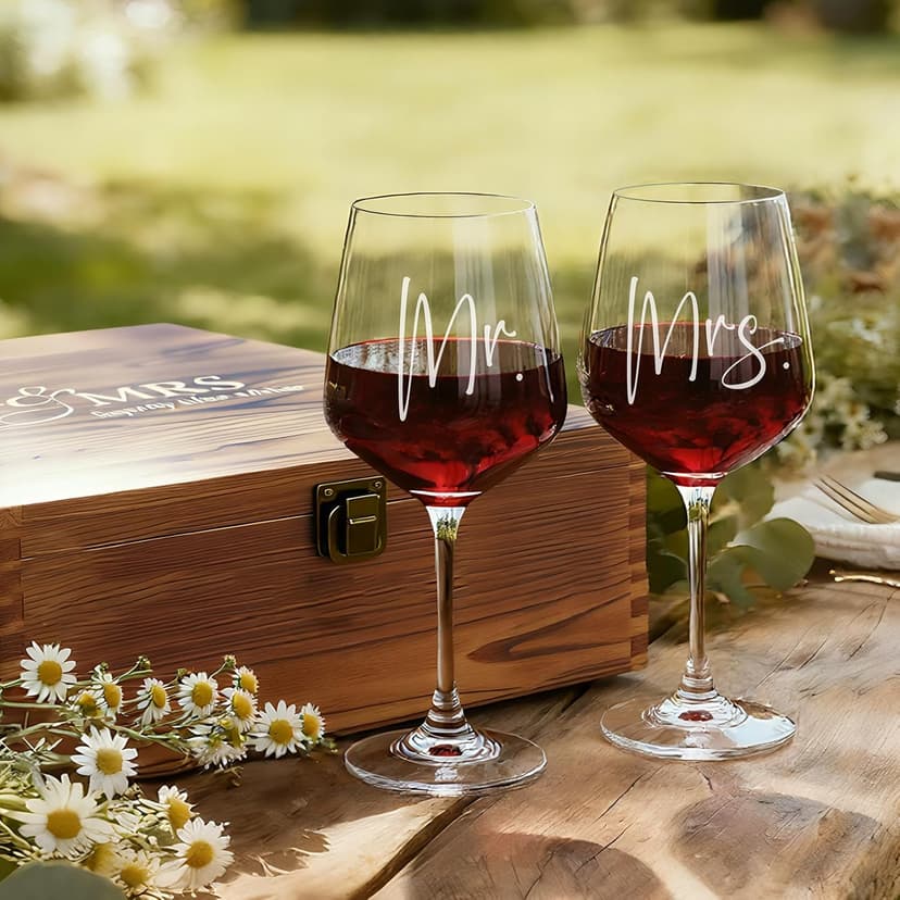 AW BRIDAL Wedding Gifts Bridal Shower Gifts Engagement Gift for Couples Newlyweds Mr & Mrs Wedding Wine Glasses Set of 2 - Wine Opener Wine Stopper with Engraved Wooden Keepsake Box