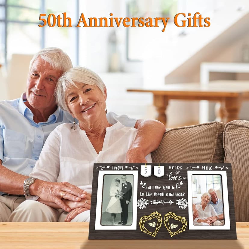 Then & Now Anniversary Picture Frame - 1-99 Years Anniversary Wedding Gift for Couple, Engagement Bridal Shower Gifts for Couples Wood Photo Frame Holds 2 4x6 Inches Photos