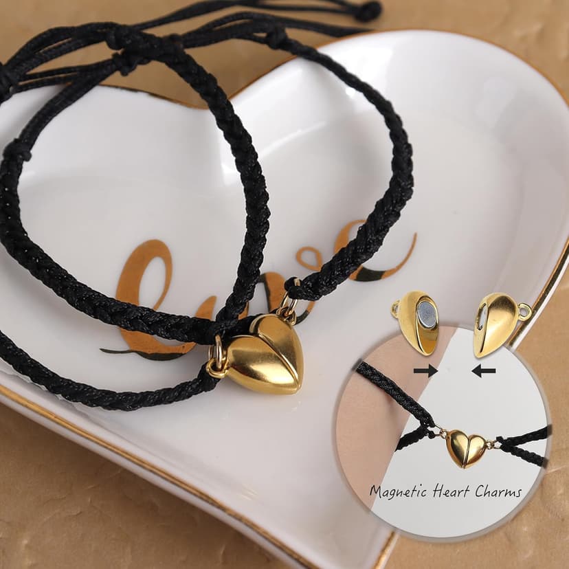 Matching Bracelets for Couples, Gold Heart Initial Friendship Adjustable Bracelet Women Cute Match Charm Letter Name Black Braided Rope Valentines Bf Gf Friends Jewelry Gift