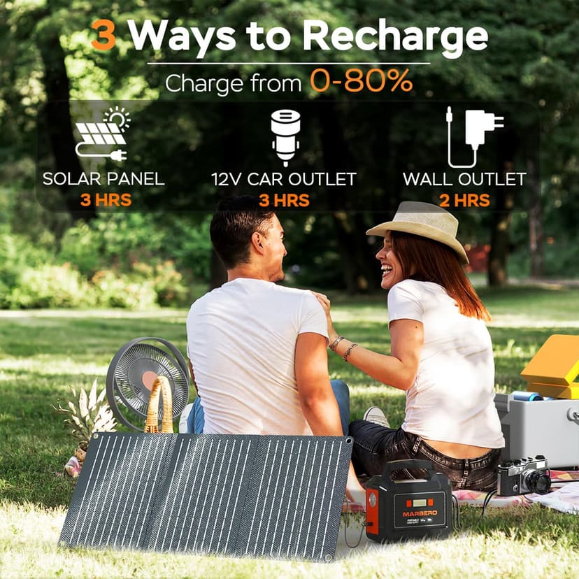 MARBERO Solar Generator 167Wh Camping Portable Power Station 200W Peak with Foldable Solar Panels 30W with AC Outlet 110V Multi-Port LED Flashlights for CPAP Home Camping Hurricane Emergency