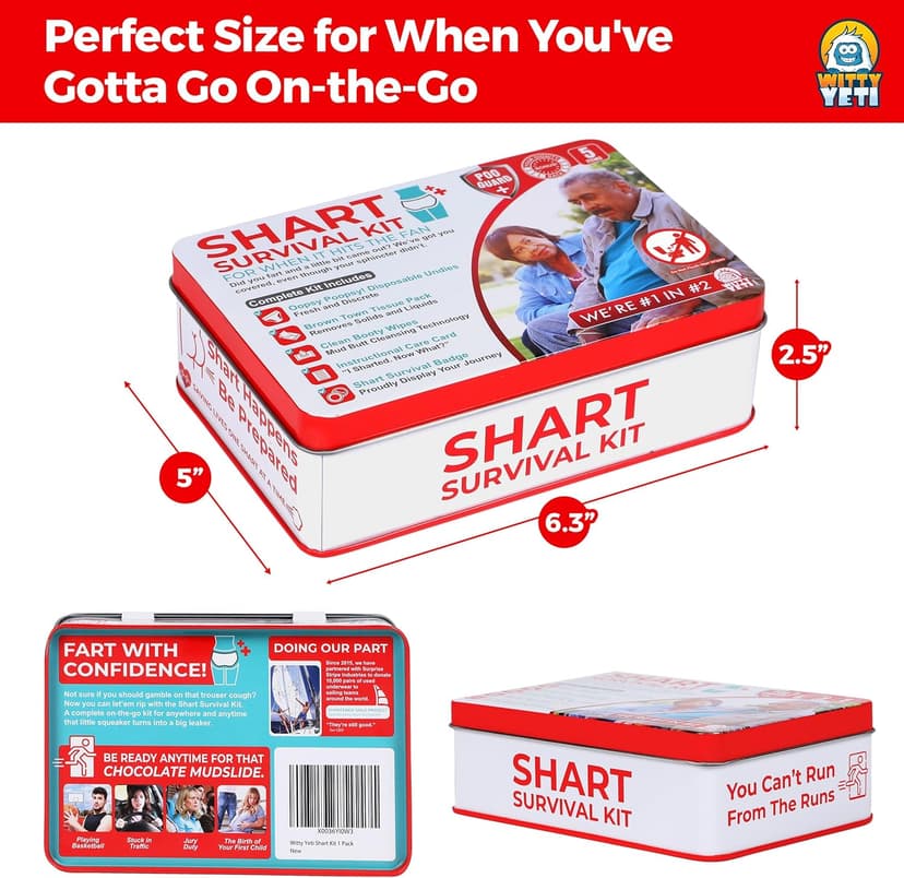 Funny Shart Survival Kit by Witty Yeti. Ultimate Poop Prank Gag Gift Set Contains Wet Wipes, Disposable Underwear, Tissues and Hilarious Badge. Novelty Fart Potty Pack Great for Friends or Family