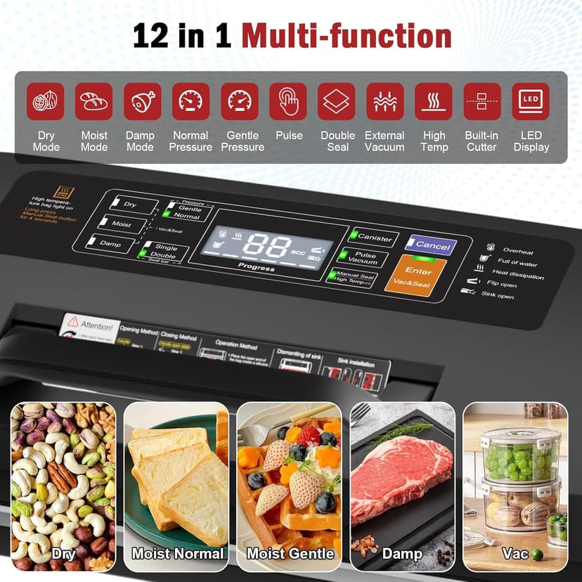 95kpa Vacuum Sealer Machine, Updated 2025 Commercial Fully Automatic Food Sealer, 10-in-1Functions & Powerful Sealing System with Double Heat Seal, Easy-Lock Handle, Built-inCutter and Bag Storage