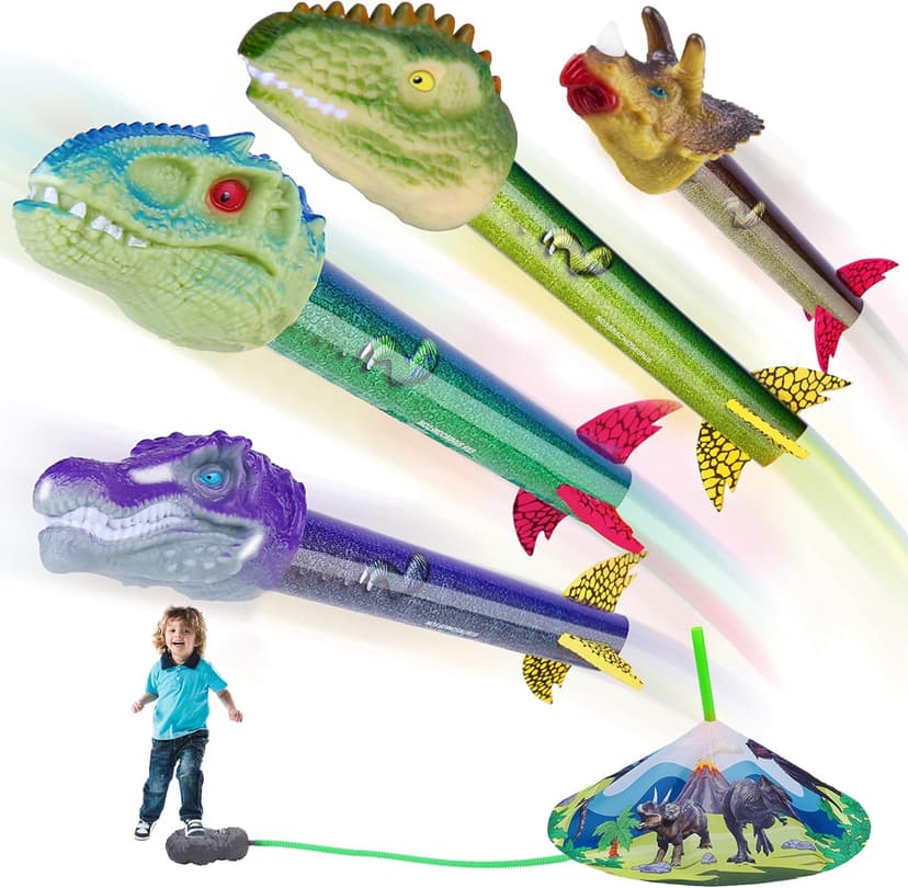 Dinosaur Toy Rocket Launcher for Kids - Launch Up to 100 Ft, 4 Rockets, Outdoor Outside Toys for Kids, Dinosaur Toys, Birthday Gifts for 3 4 5 6 7 8-12 Year Old Boys Girls