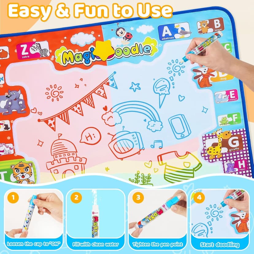 KIZZYEA Toys for 2 3 4 5 Years Old Boys Girls, Water Doodle Mat for Kids, Large Coloring Painting Writing Mat with Neon Colors, Educational Toys Christmas Birthday Gifts for Age 2-4, 3-5 Toddlers
