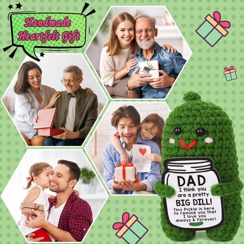 Fathers Day Gifts from Daughter or Son - Funny Crochet Pickle Plush with Big Dill Card - Unique Handmade Gift for Dad, Birthday, Christmas, New Dad Present