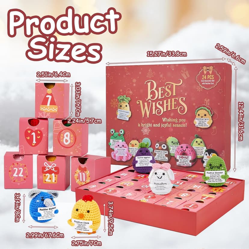 Advent Calendar 2025, 24 Days Positive Crochet Animals Christmas Countdown Calendar for Kids, Teens, Adults, Handmade Emotional Support Crochet Toys with Positive Card for Birthday, Christmas Gifts