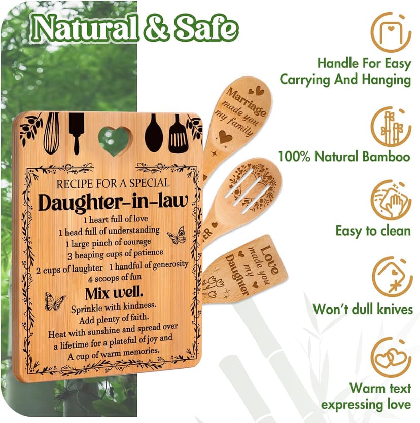 Gifts for Daughter in Law - "Recipe for a Special Daughter-in-Law" Daughter in Law Birthday Gifts Cutting Board Set, Bamboo-Made Engraved Utensil Set Christmas Gifts for Daughter in Law