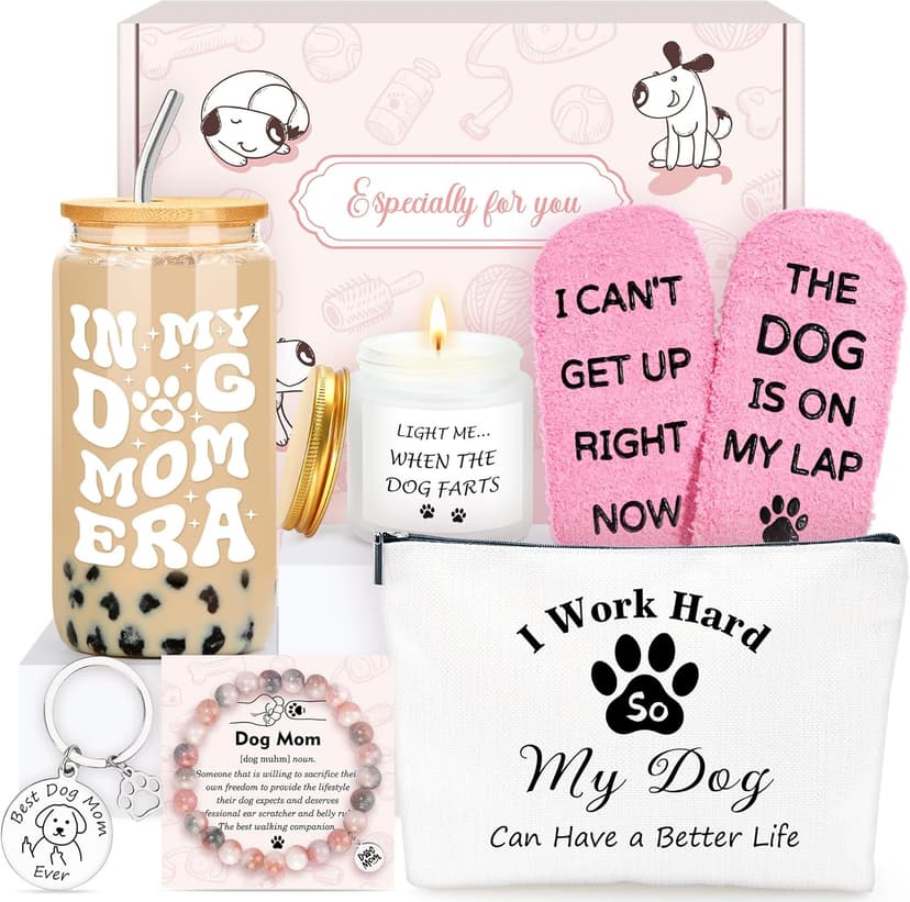Dog Mom Gifts for Women Dogs Themed Gift for Dog Lovers Gifts for Women Gift for Dogs Owners Puppy Themed Basket - Drinking Cup Makeup Bag Candle Bracelets Keychain Socks