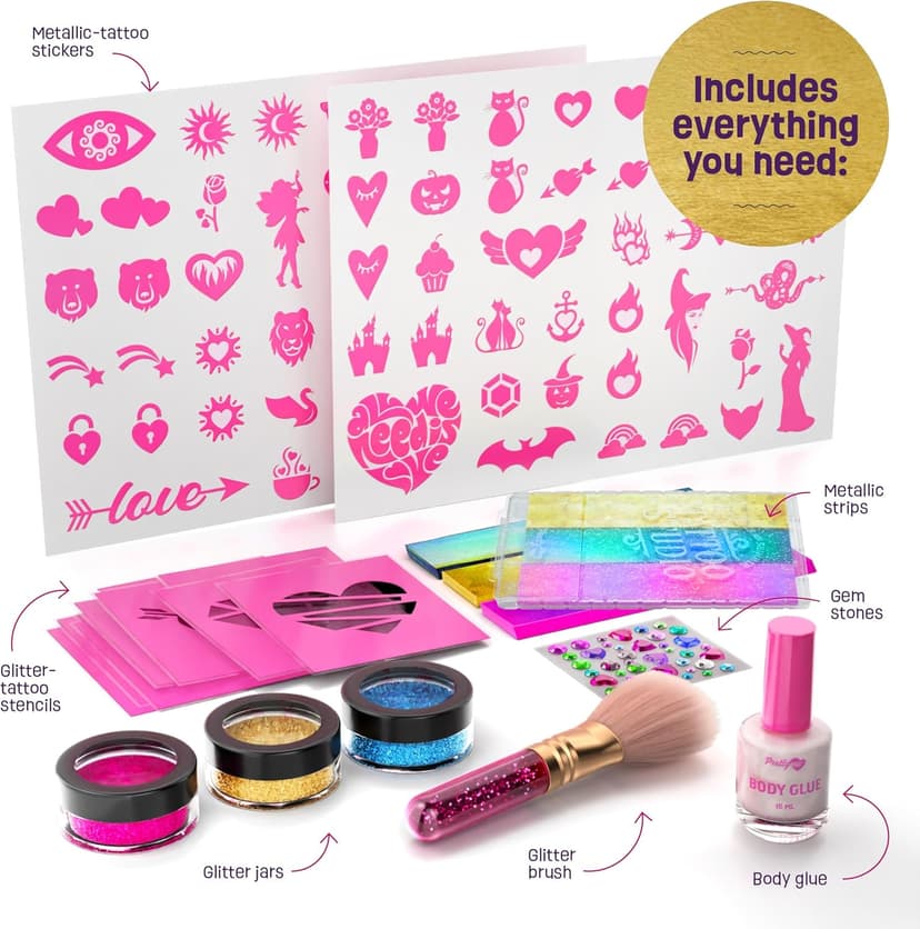 Pretty Me Glitter Tattoo Kit for Kids - Glitter & Metallic Fake Tattoos for Girls - Birthday Gift Ideas for Girl - Temporary Tattoo Set - Craft Kits Toys for Ages 6 7 8 9 10 11 Year Old - Cool Gifts