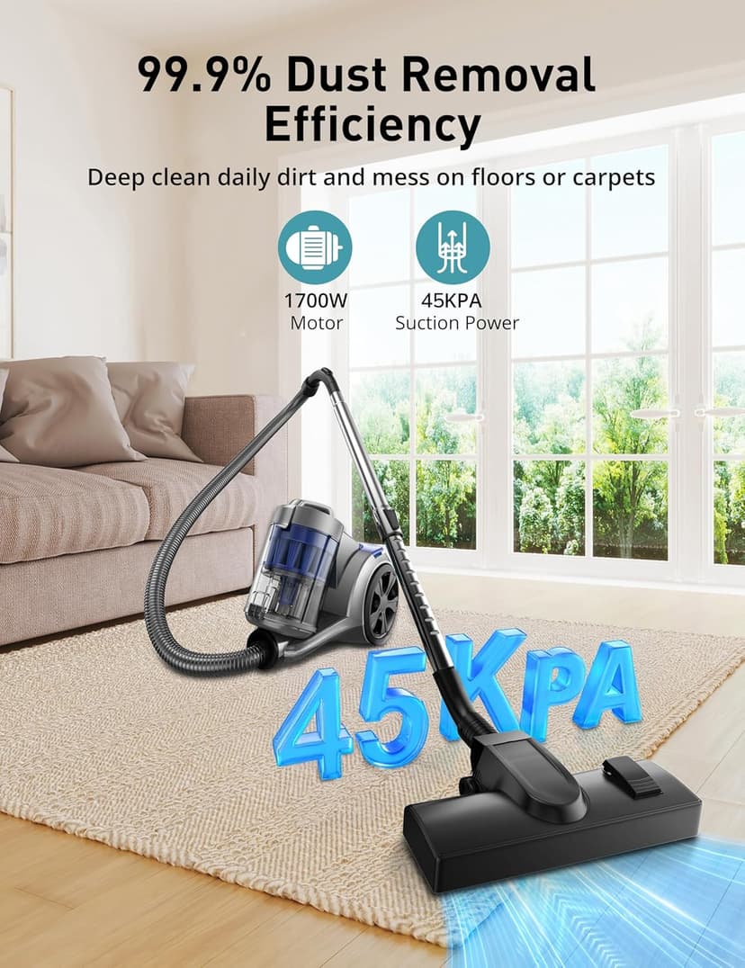 Aspiron 1700W Canister Vacuum Cleaner, 45Kpa Bagless Vacuum Cleaner, Multi-Cyclonic Filtration, 2 Anti-Allergen HEPA Filters, 3.5QT Dust Cup, 4 Tools, Corded Vacuum for Hard Floor, Pet Hair, Violet