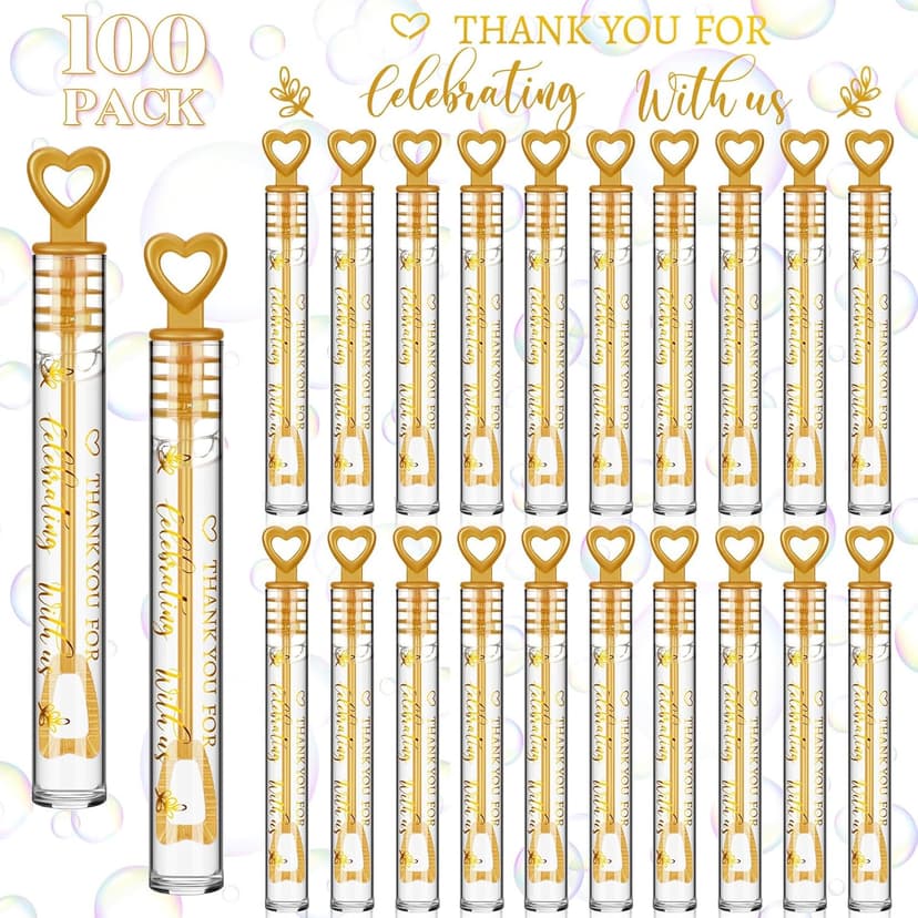 Shappy 100 Pcs Wedding Bubble Bulk Wedding Party Favors Bubble Wand for Guests Send Off with Stickers for Bridal Shower Anniversaries Celebration Goody Bag Stuffers Filler (Gold Heart)