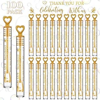 Shappy 100 Pcs Wedding Bubble Bulk Wedding Party Favors Bubble Wand for Guests Send Off with Stickers for Bridal Shower Anniversaries Celebration Goody Bag Stuffers Filler (Gold Heart)