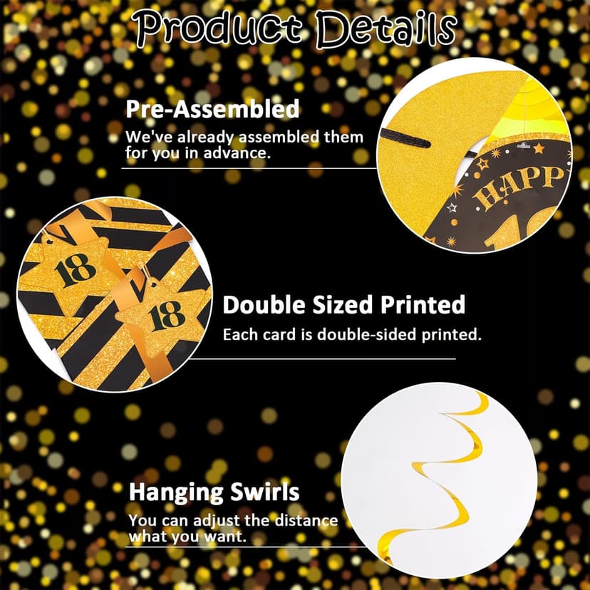 Black & Gold 18th Birthday Banner with 10PCS Swirls - Happy 18th Birthday Decorations for Boys & Girls