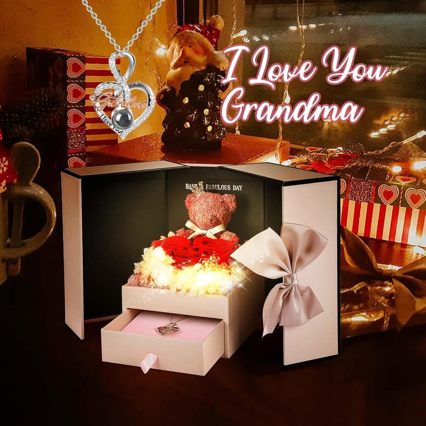 ADDWel Great Gifts for Grandma, Preserved Real Roses with I Love You 100 Languags Grandma Necklace, Cute Bear and Meaningful Eternal Roses for Grandmother Nana Birthday