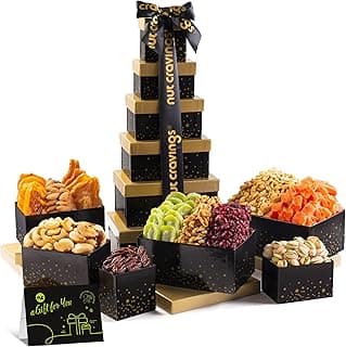 NUT CRAVINGS - Diwali Sweets Hamper Dried Fruit & Mixed Nuts Gift Basket in Black Tower + Ribbon (12 Assortments) Food Arrangement, Healthy Snack Care Package, Food Assortments