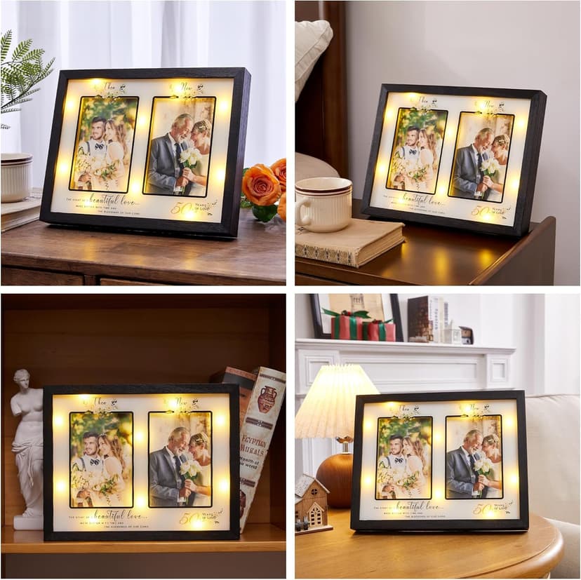 Then & Now 50th Anniversary Picture Frame for Couple, Celebrate Years of Love Anniversary Wooden Photo Frame for Parents, Husbands, Wives, Wedding Engagement Gifts, Double Frame 4x6 Photos Black