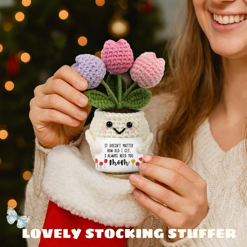 Gifts for Mom from Daughter Son - Cute Christmas, Mothers Day, Birthday Gifts for Moms - 5.51'' x 4.13'' Knitted Positive Tulip Flowers Mom Crochet Doll