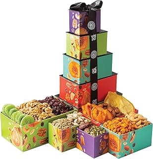 Oh! Nuts Dried Fruit and Nuts Gift Basket Tower with Black Ribbon Gift Basket, 5 Tier Gourmet Arrangement Platter, Healthy Kosher Snack Box for Birthday, Anniversary