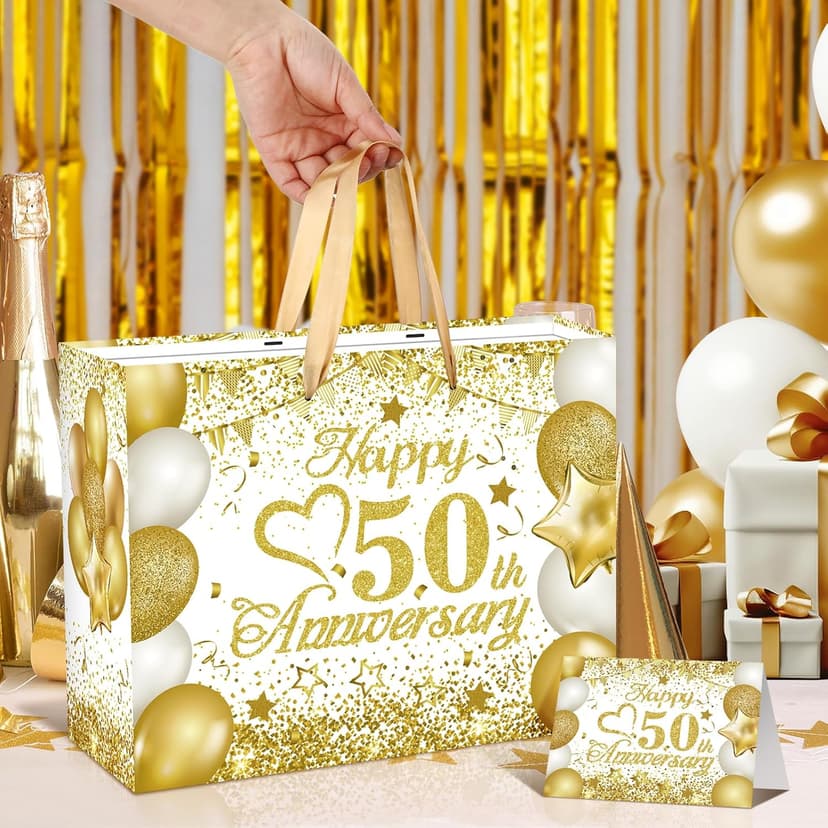 50th Anniversary Paper Gift Bag - White Gold Wedding Gift Wrapping Bag with Tissue Papers & Card - Perfect for Golden Wedding Anniversary or Christmas Decor