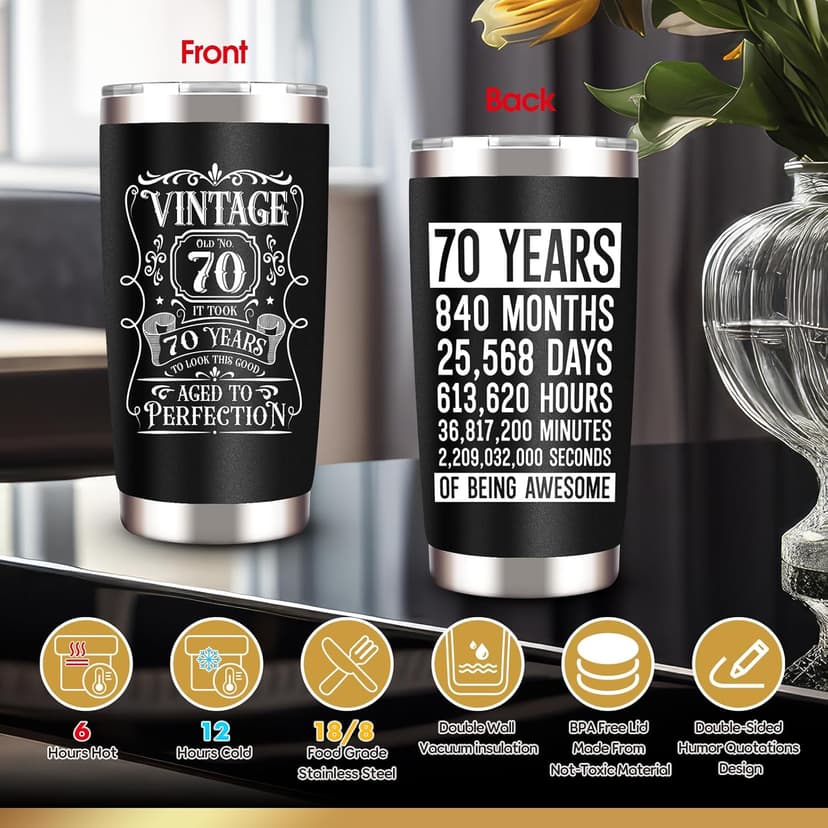 70th Birthday Gifts for Men - Unique Box with 20 Oz Tumbler, Scented Candle, Socks, Baseball Cap for Husband, Dad, Grandpa, Friends, Teachers, Boss