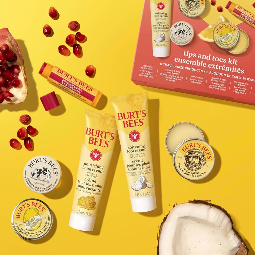 Burt's Bees Gifts Ideas, Tips and Toes Kit, 6 Travel Size Products - Pomegranate Moisturizing Lip Balm, 2 Hand Creams, Foot Cream, Cuticle Cream, and Hand Salve