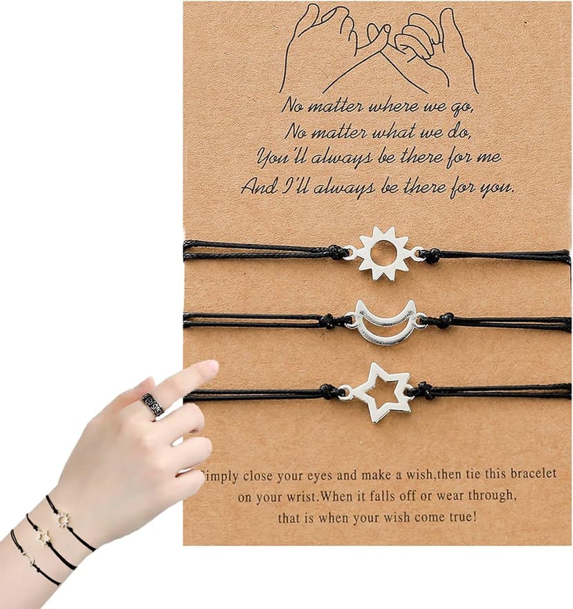 GUMOTCY 3 PCS Friendship Bracelets for 3 Best Friend Couples with Moon Sun Star Adjustable Handmade Cord Relationship Bracelets