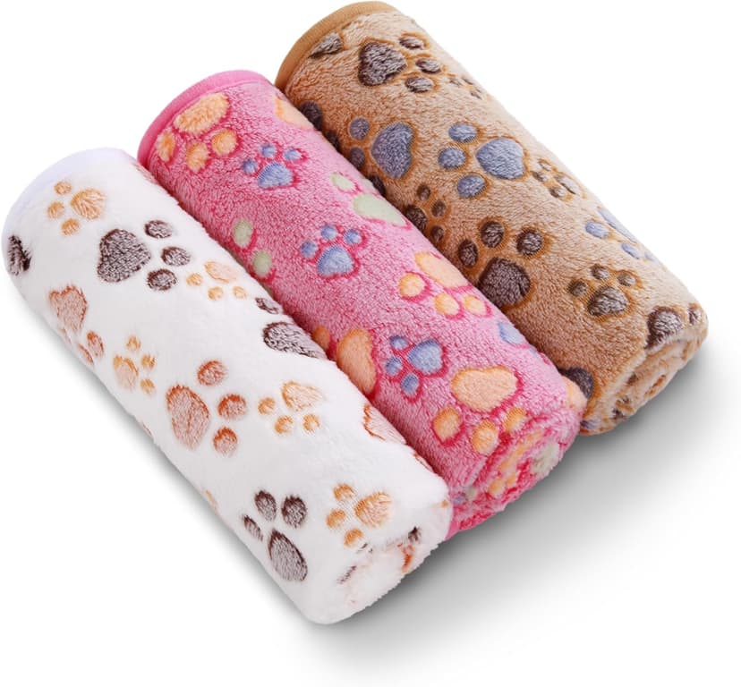 1 Pack 3 Blankets Super Soft Fluffy Premium Fleece Pet Blanket Flannel Throw for Dog Puppy Cat Paw Brown/Pink/White Small(23x16 inch)