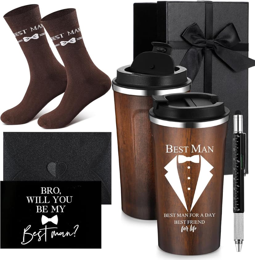 Nuanchu 6 Pcs Best Man Gifts Wedding Proposal Gift for Best Man Groomsman 17oz Office Cup Tumbler Socks Multi Tool Ballpoint Pen with Greeting Card Envelope(Wood Color)