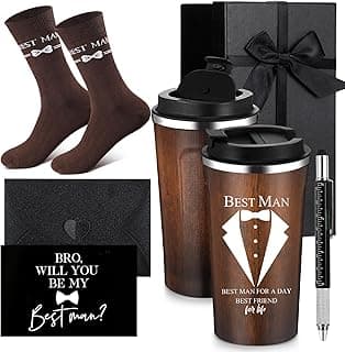 Nuanchu 6 Pcs Best Man Gifts Wedding Proposal Gift for Best Man Groomsman 17oz Office Cup Tumbler Socks Multi Tool Ballpoint Pen with Greeting Card Envelope(Wood Color)