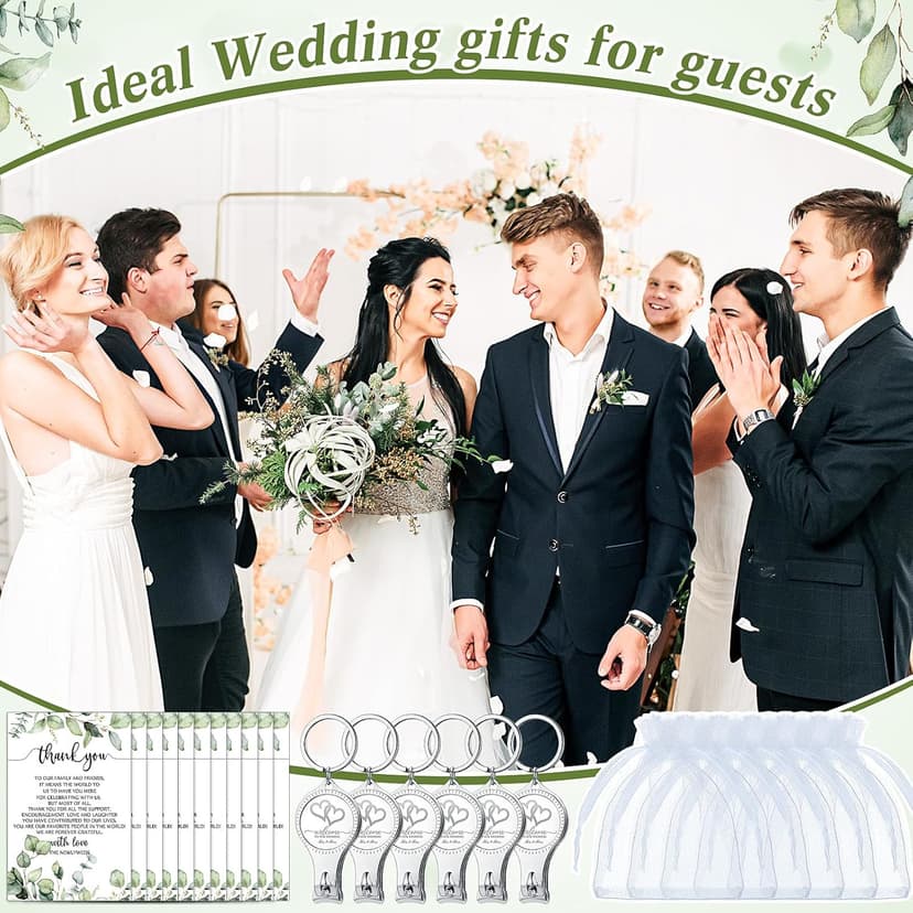Fulmoon Wedding Multi Function Bottle Opener Nail Clipper Wedding Favors Brewery Cards White Organza Bags for Party Supplies Gift Souvenir Guests Men Women(50 Sets)