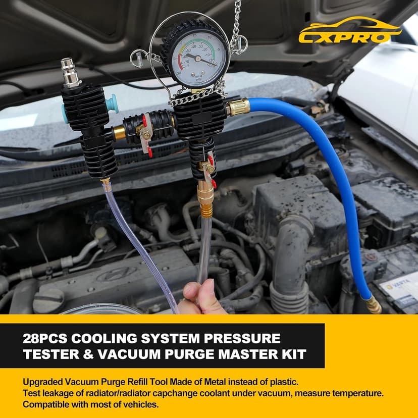 28pcs Universal Radiator Pressure Tester Kit, Tester Pneumatic Vacuum Cooling System Purge Refill Leak/Refiller Set, Universal Automotive Domestic/Import Vehicles, Motorcycle