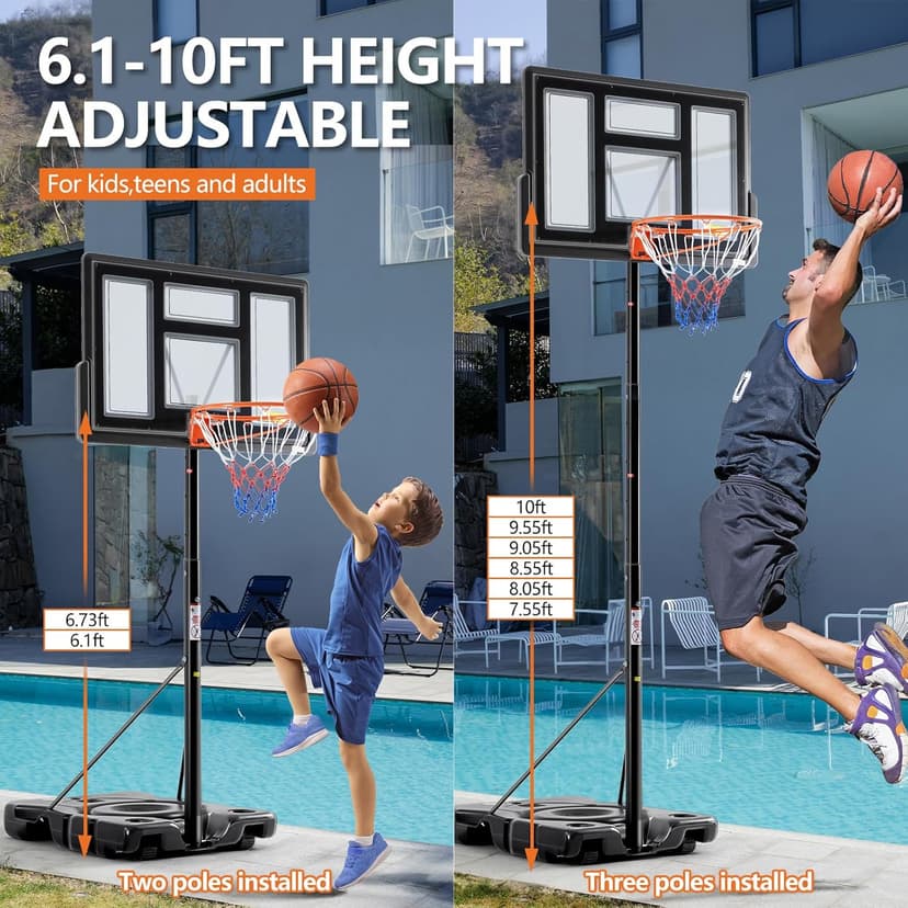 Sweetcrispy Portable Basketball Hoop Outdoor 6.1-10FT Adjustable Height, 44 Inch Shatterproof Backboard/Shock Absorbent Rim, Fillable Base, 2 Wheels for Backyard/Driveway