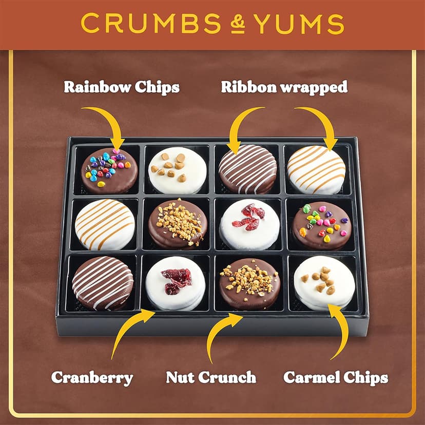 Holiday Christmas Cookies Gift Basket - 12 Gourmet Chocolate Covered Sandwich Cookies with Assorted Toppings - Assorted Food Gift Box for Fathers Day, Mothers Day, Family, Sympathy, Men & Women.