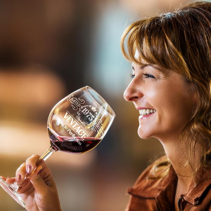 Vintage 1975 Engraved Wine Glass - 50th Birthday Gifts For Her - Cool Gifts For 50 Year Old Woman - 1975 Birthday Present - Fifty Women Gift Ideas - Turning 50 Cup for Wife, Sister, Daughter, Ladies