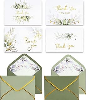 Winoo Design 100 PK Luxurious Gold Thank You Cards with Envelopes Bulk Sage Green - 5x3.5 Inches Wedding Thank You Notes Baby Shower Greenery Bridal Shower Small Business