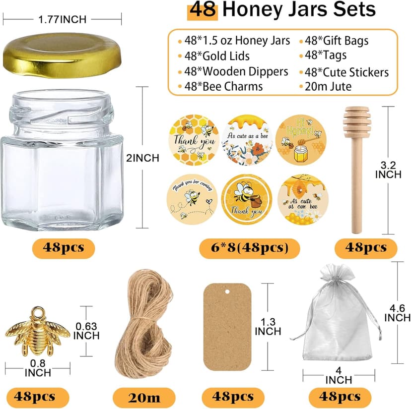 Aliggbent 48 Pack Mini Honey Jars Party Favors in Bulk, 1.5 oz Small Hexagon Glass Honey Jars with Dippers, Lids, Cute Stickers, Bee Charms, Gift Bags and Jute for Baby Showers, Weddings & Birthdays