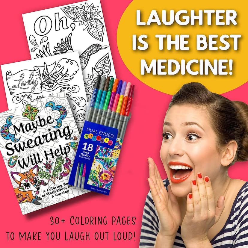 Maybe Swearing Will Help Adult Coloring Book Set - for Adults Relaxation with Markers in a Case - Motivational Swear Word Anxiety Relief - Color Cuss & Laugh Your Way to Less Stress