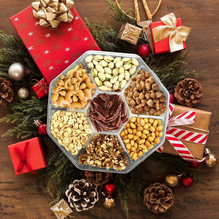 Holiday Nuts gift Basket - Delicious Mixed Cravings Gourmet Collection, Features 7 Sectional Platter with Freshly Roasted Nuts, Christmas Gift Basket for Men and Women.