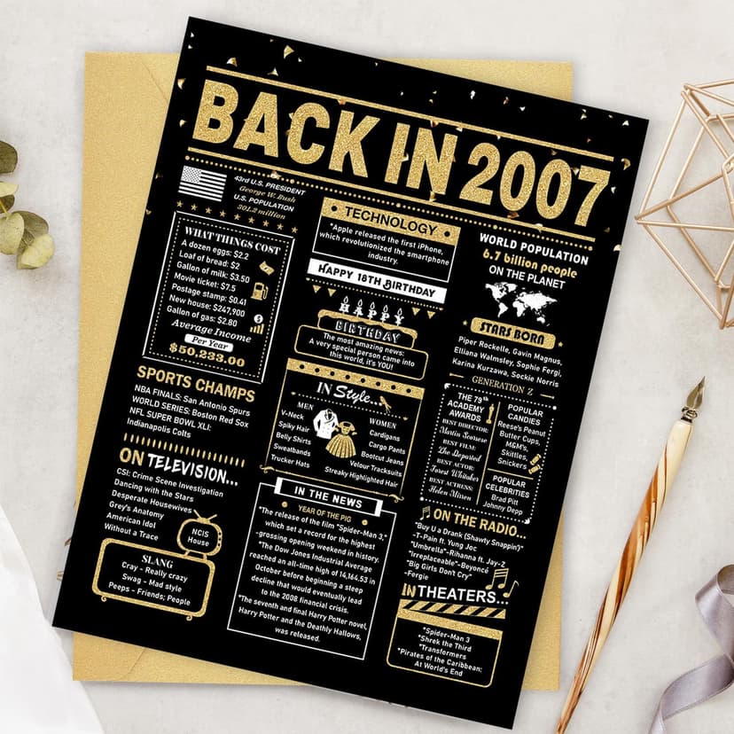 18th Birthday Card, 18th Birthday Decorations for Girls Boys, 18th Birthday Gifts for Son Daughter, Back in 2007 Birthday Card, Black Gold