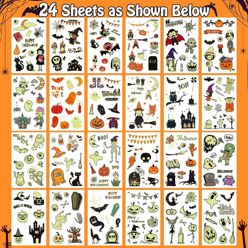 Partywind 250 Styles Glow Halloween Party Supplies, Luminous Halloween Temporary Tattoos for Kids Birthday Party Decorations Favors, Halloween Goodie Bag Fillers (24 Sheets)