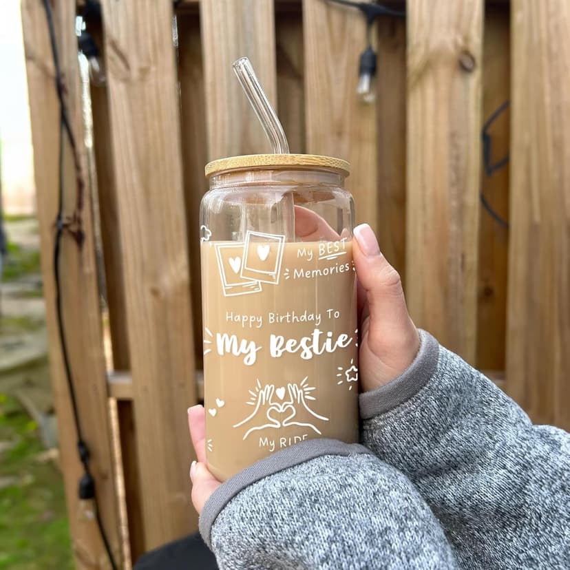 Best Friend Birthday Gifts for Women Friendship - Happy Birthday to My Bestie Glass Cups with Lids and Straws, Funny Presents for Bff Friends Coworkers Unique, Cute Iced Coffee Cup, 16 oz