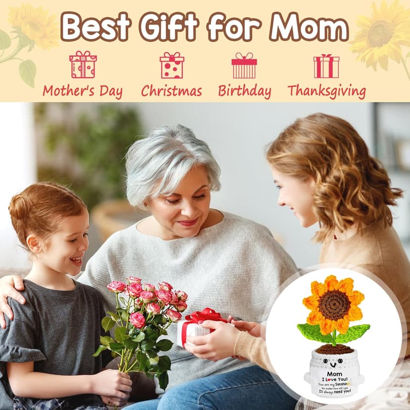 Gifts for Mom, Birthday Gift for Mom, Handmade Crochet Flowers Sunflower for Home Office Desk Decoration, I Love You Gifts for Moms Mama from Daughter Son Kids, Mothers Day, Xmas Present Idea