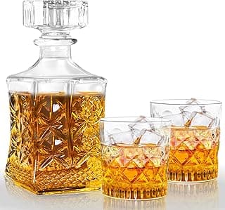 Whiskey Decanter for Men, Glass Liquor Decanter Set with 2 Whiskey Glasses, Decanter for Tequila,Bourbon, Scotch, Brandy and Vodka, Gift for Men, Ideal Home Bar Decor - 28oz