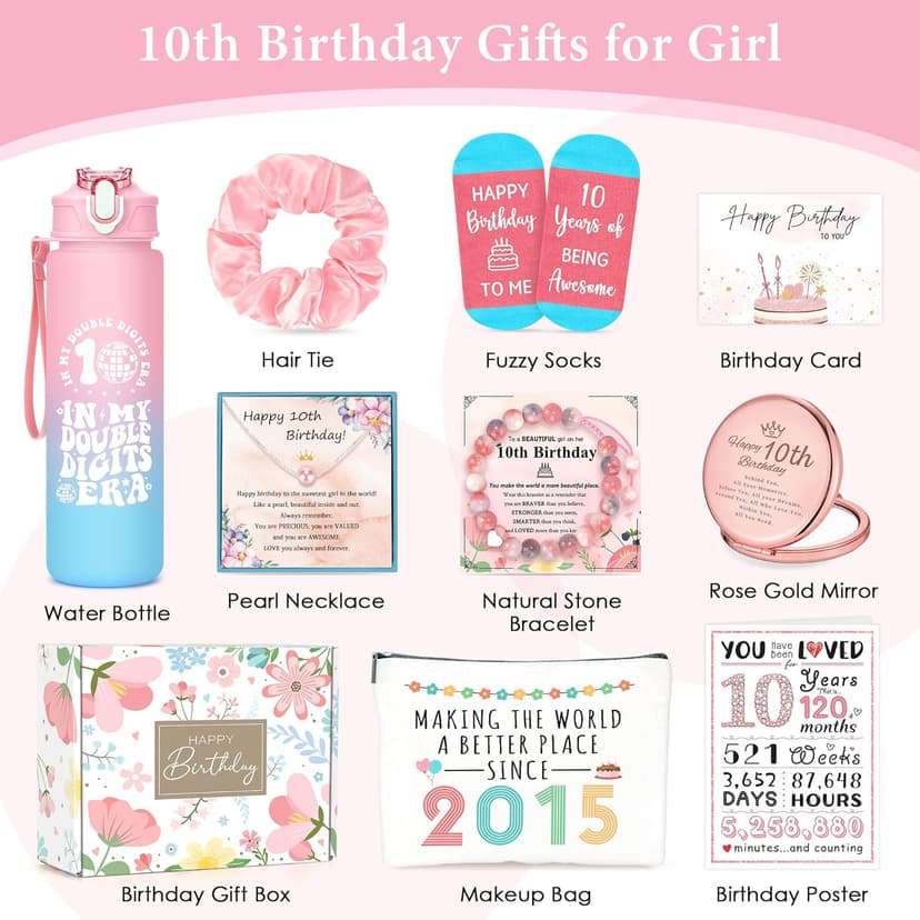 10 Year Old Girl Birthday Gift for 10 Years Old Girls Gifts Trendy Stuff 10th Birthday Gifts for Girls Ten Year Olds Girl Gift Double Digits Decorations Presents Set with Tumbler Bag Socks Bracelet