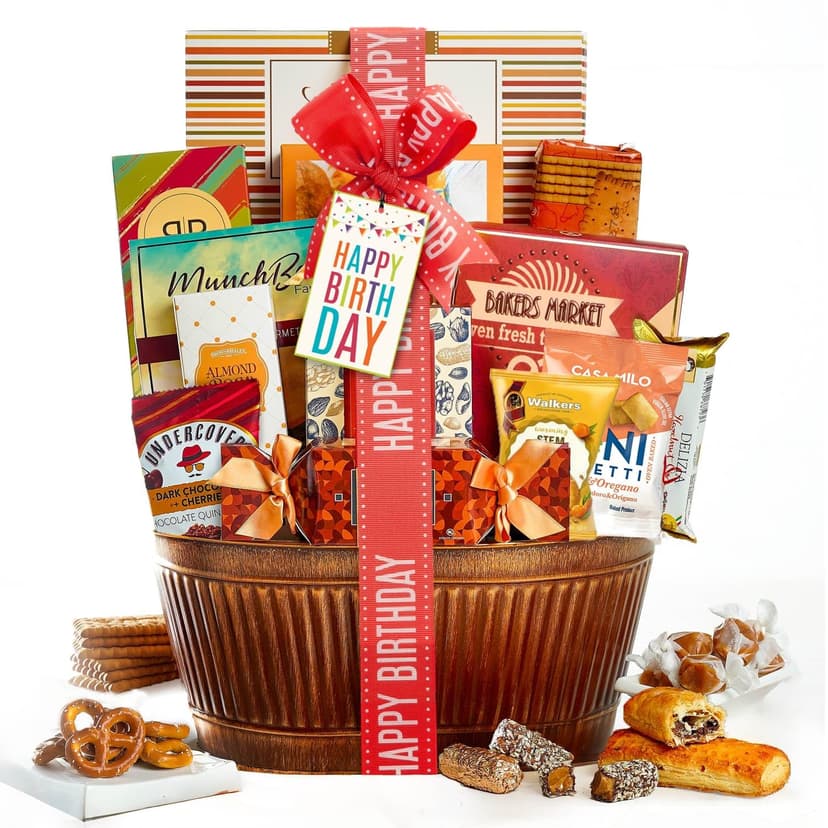 Broadway Basketeers Birthday Gift Basket – Gourmet Snacks & Sweet Treat Box with Cookies, Candy, Chocolates & more - Food Gift Basket for Women, Men & Families - Happy Birthday Surprise Box, Kosher