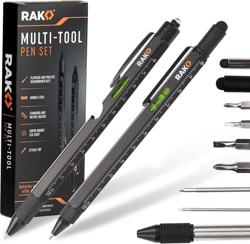 RAK Multitool Pen - Multi-Tool Pens, LED Light, Flathead, Phillips Screwdrivers, Level, Ruler, Bottle Opener, and Stylus. Cool Gadgets Gifts for Men, Dad, EDC Pen Tool, Gift-Ready Box, Pack of 2