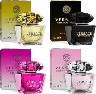 Versace Perfume for Women Set of 4 Mini, Bright Crystal, Yellow Diamond, Crystal Noir, Bright Crystal Absolu, Perfume for Women Fragrance Sampler Set Designer Womens Samples (4 Count, 0.17 oz)