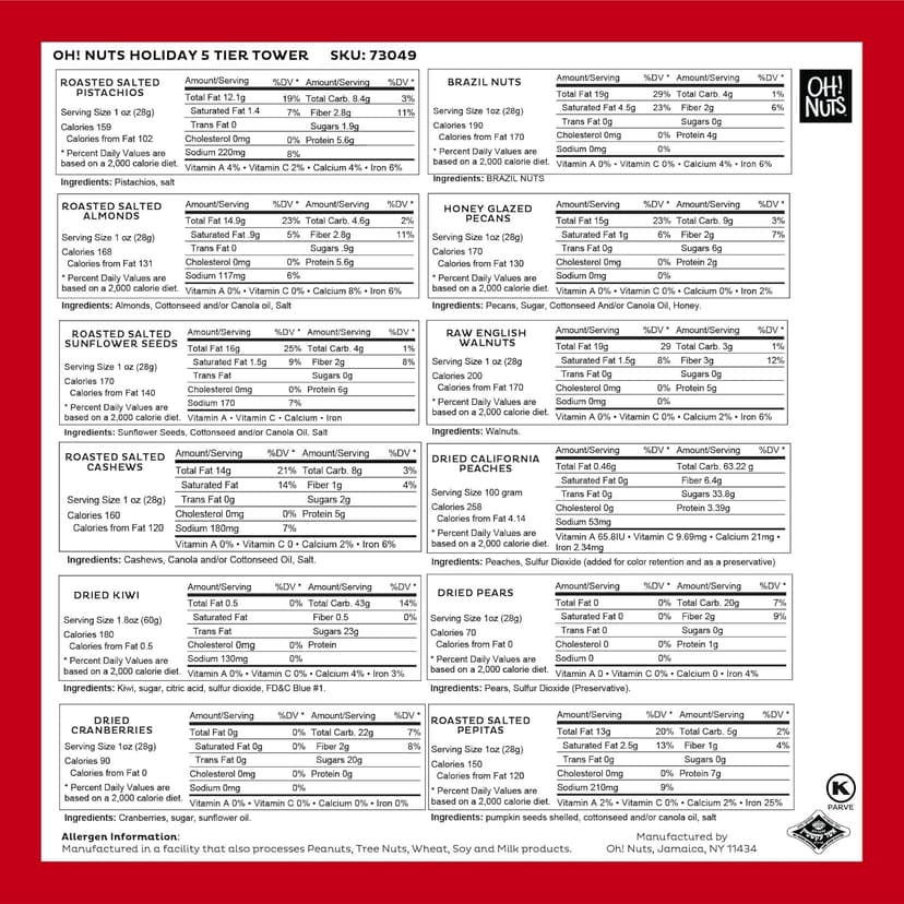 Oh! Nuts Dried Fruit and Nuts Gift Basket Tower with Black Ribbon Gift Basket, 5 Tier Gourmet Arrangement Platter, Healthy Kosher Snack Box for Birthday, Anniversary