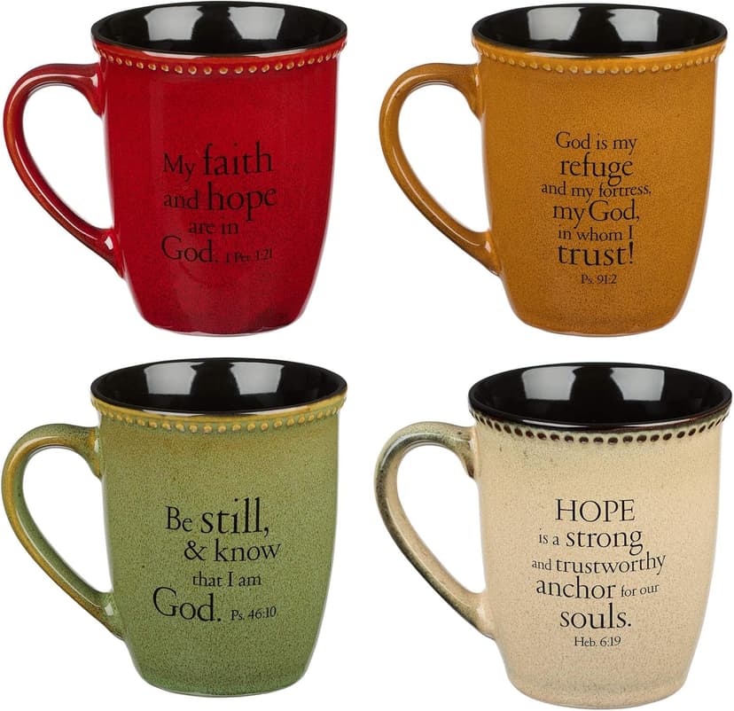 Christian Art Gifts Set of Four Rustic Stoneware Coffee/Tea Mugs w/Bible Verses Sage Green, Ivory, Paprika Red, Pumpkin Orange Inspirational Coffee/Tea Cup for Men and Women
